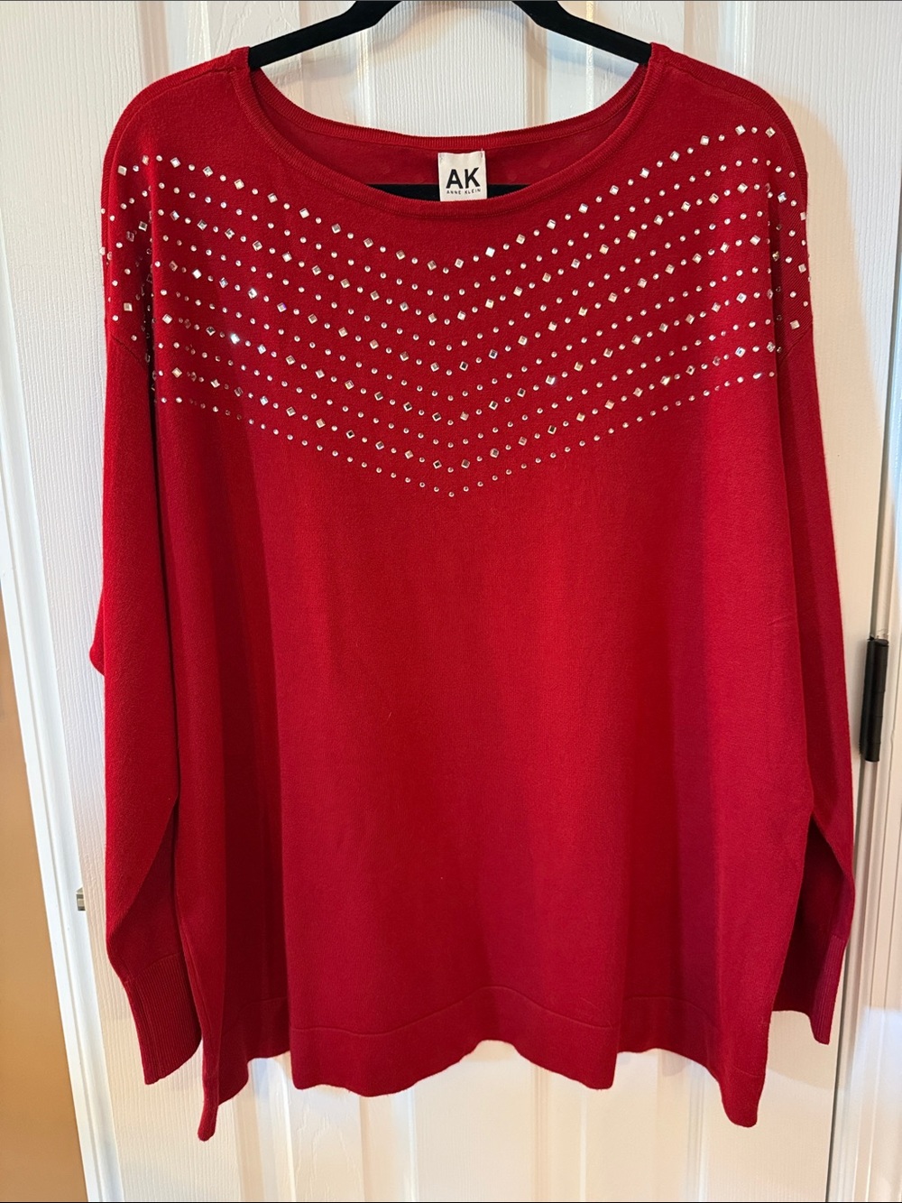 Anne Klein Red Embellished Crewneck Sweater